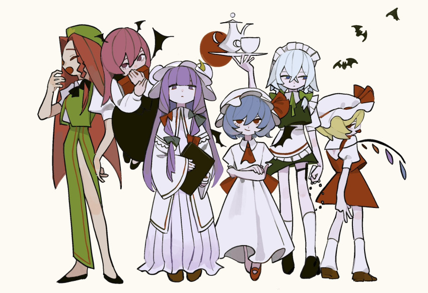 6+girls :&lt; arm_at_side arm_up ascot back_bow bat_(animal) bat_wings black_dress blonde_hair blue_hair book book_hug bow braid closed_eyes collared_dress commentary_request covered_mouth crescent crescent_hat_ornament crossed_arms crossed_bangs cup curtained_hair dee_(tannsumi) double_bun dress expressionless flandre_scarlet flats floating full_body green_bow green_dress green_ribbon green_skirt green_vest grey_bow grey_hair hair_bow hair_bun half-closed_eyes hand_on_own_hip hand_to_own_mouth hat hat_ornament head_wings highres holding holding_book holding_tray hong_meiling hugging_object izayoi_sakuya kneehighs koakuma lineup loafers long_hair long_skirt long_sleeves looking_at_viewer looking_back looking_to_the_side maid maid_headdress mob_cap multiple_girls multiple_hair_bows neck_ribbon patchouli_knowledge pinafore_dress pink_hair puffy_short_sleeves puffy_sleeves purple_eyes purple_hair red_ascot red_bow red_circle red_eyes red_hair red_skirt red_vest remilia_scarlet ribbon shirt shoes short_dress short_hair short_sleeves side_braid side_braids side_slit sidelocks simple_background skirt sleeveless sleeveless_dress smirk socks standing teacup teapot thigh_strap tongue tongue_out touhou tray upturned_eyes very_long_hair vest w white_dress white_leg_warmers white_shirt wings yawning