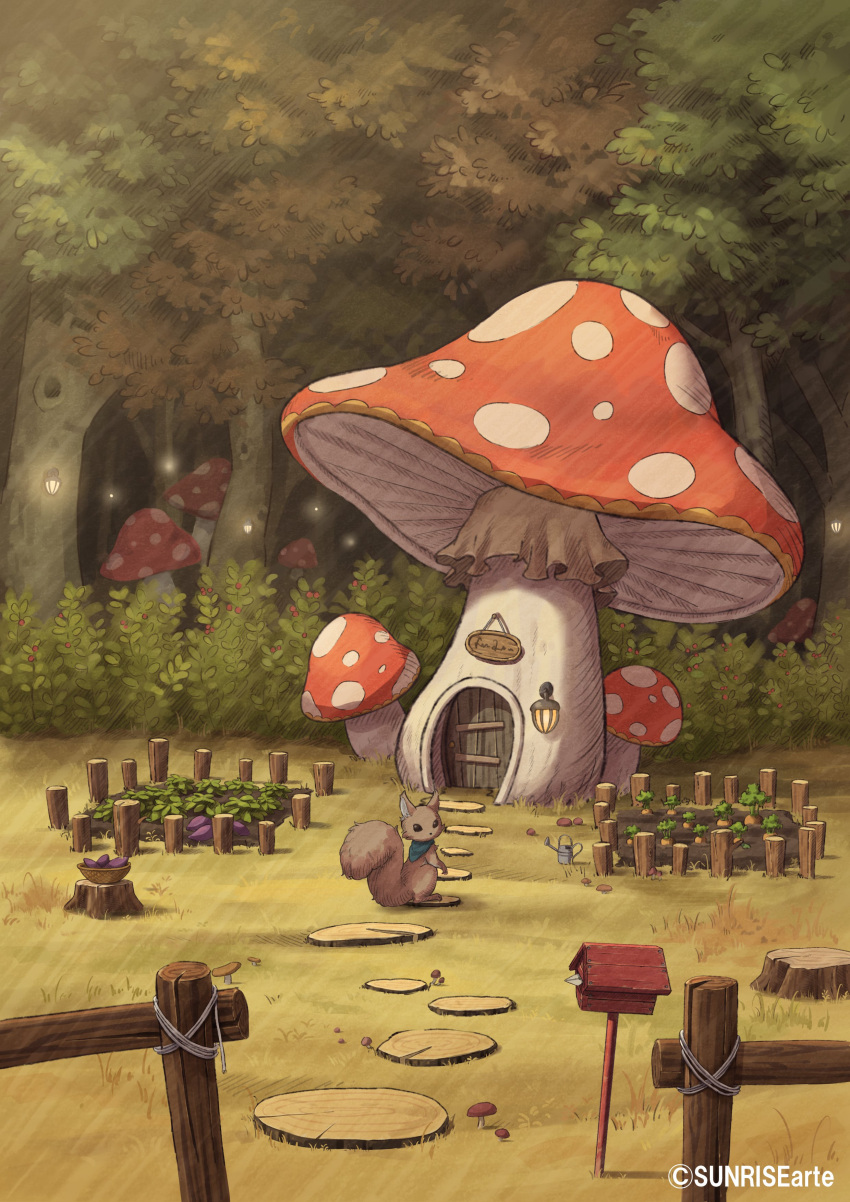 absurdres autumn basket building door fence forest garden grass highres house lantern looking_at_viewer looking_back mailbox_(incoming_mail) mushroom mushroom_house nature no_humans original outdoors scenery sign squirrel sunrise_arte tree tree_stump watering_can wooden_fence