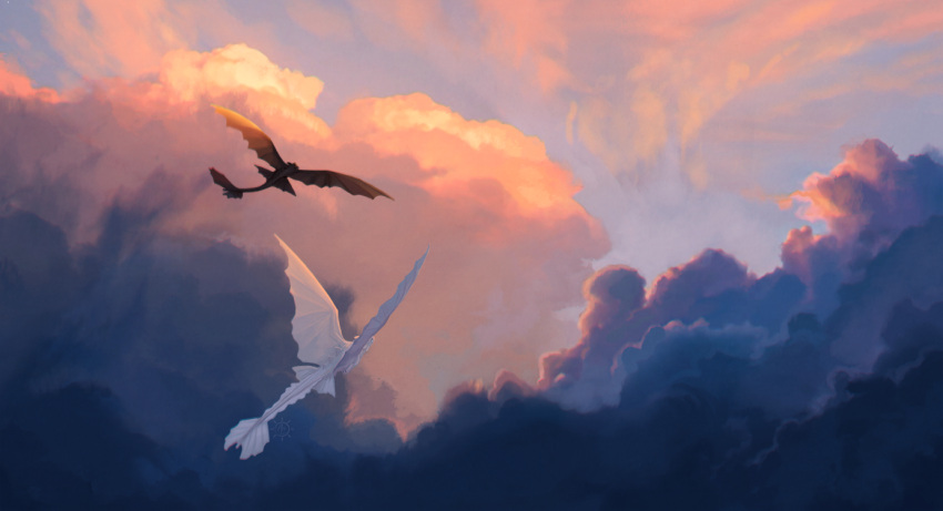 ashley_coad cloud cloudy_sky dragon flying how_to_train_your_dragon no_humans outdoors sky toothless white_fury_(how_to_train_your_dragon)