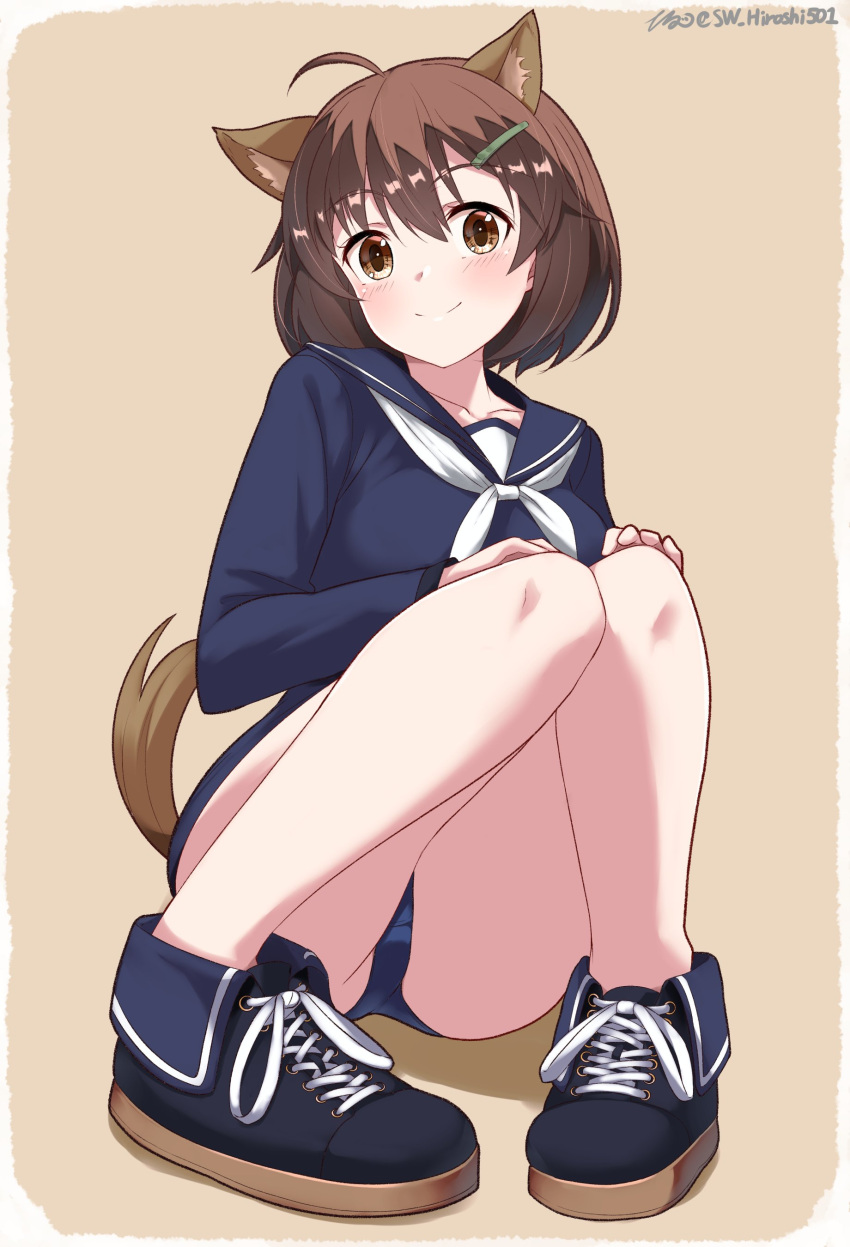1girl absurdres ahoge animal_ears artist_name ass blue_one-piece_swimsuit blush brave_witches breasts brown_background brown_eyes brown_hair closed_mouth collarbone crotch dress hair_ornament hairclip highres hiroshi_(hunter-of-kct) karibuchi_hikari looking_at_viewer one-piece_swimsuit sailor_dress short_hair signature simple_background small_breasts smile solo squirrel_ears squirrel_tail swimsuit tail world_witches_series
