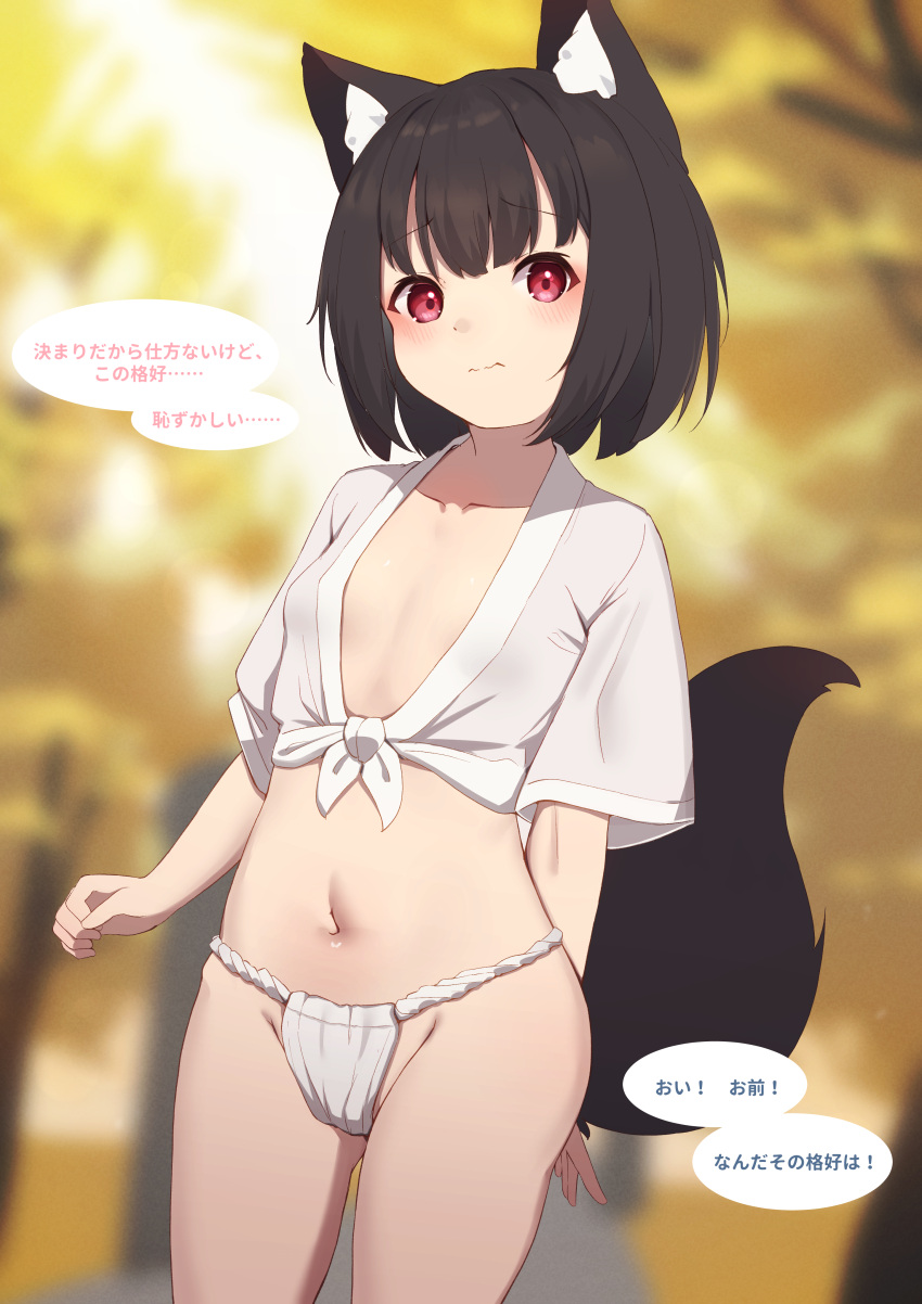 1girl absurdres animal_ear_fluff animal_ears black_hair blurry blurry_background blush breasts closed_mouth collarbone commentary_request day depth_of_field fox_ears fox_girl fox_tail fundoshi groin highres hinata_(user_rjkt4745) japanese_clothes navel original outdoors red_eyes short_sleeves small_breasts solo tail translation_request wavy_mouth wide_sleeves