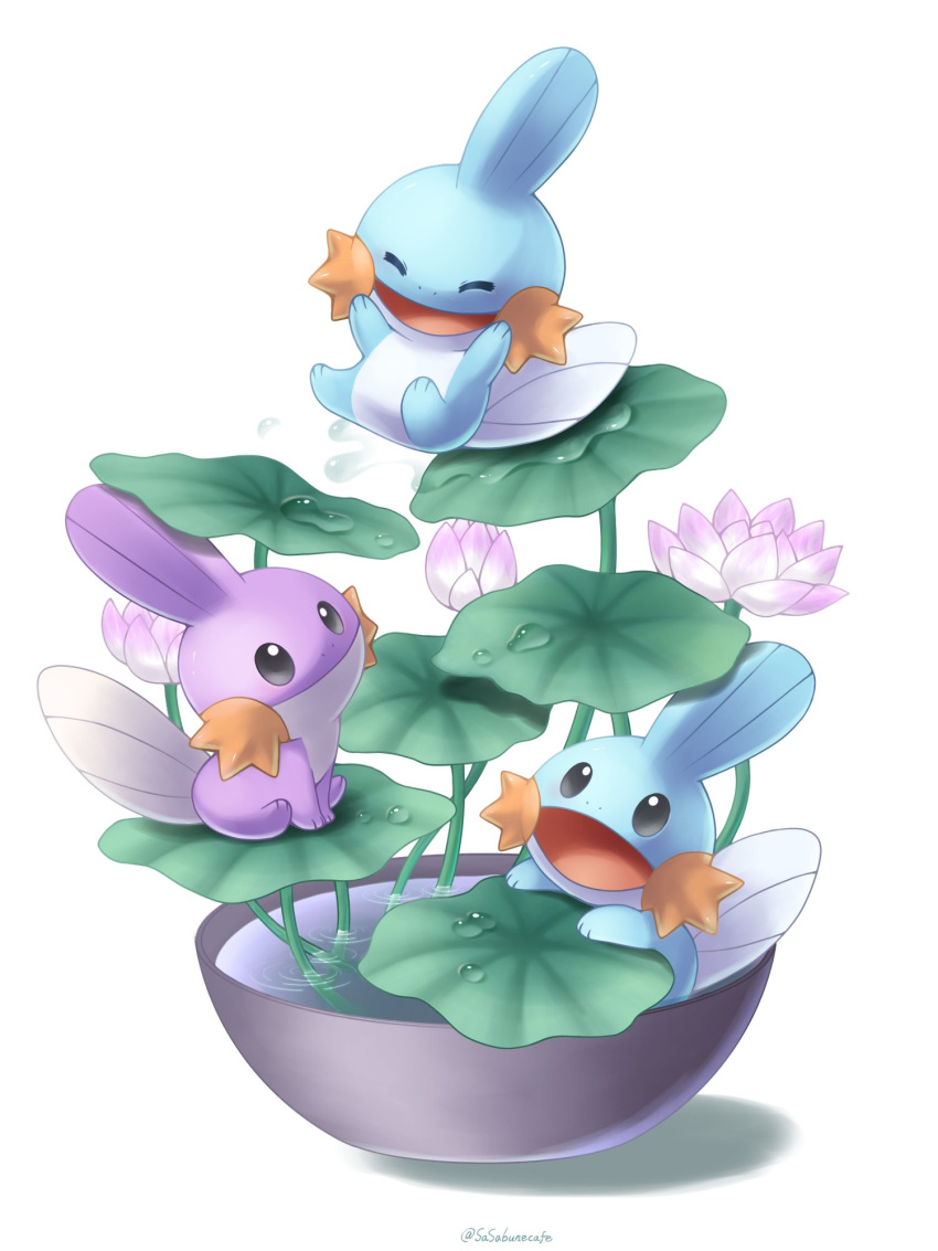 alternate_color artist_name closed_eyes closed_mouth falling full_body grey_eyes highres in_pot lily_pad mudkip open_mouth pokemon pokemon_(creature) sasabunecafe shiny_pokemon smile twitter_username water water_drop water_lily_flower white_background