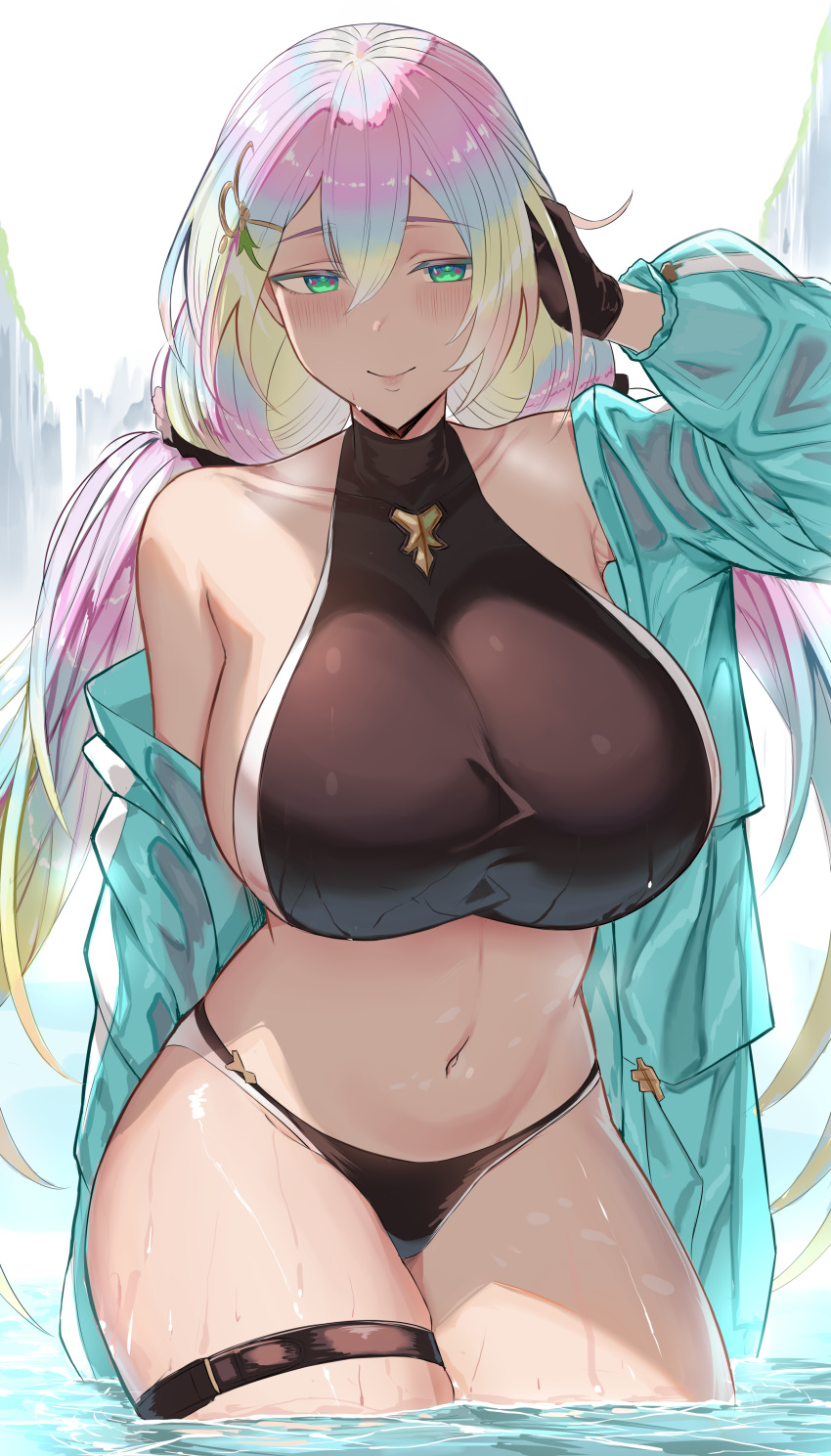 1girl absurdres bikini black_bikini black_gloves black_scrunchie blonde_hair breasts closed_mouth collarbone commentary cupitan_(granblue_fantasy) cupitan_(summer)_(granblue_fantasy) gloves gradient_background granblue_fantasy hair_between_eyes hair_ornament hair_scrunchie half-closed_eyes highres light_smile long_hair looking_at_viewer low_twintails micchan_(micchanmeido) navel pink_hair scrunchie sideboob skindentation solo swimsuit thigh_strap thighs twintails wading water wet