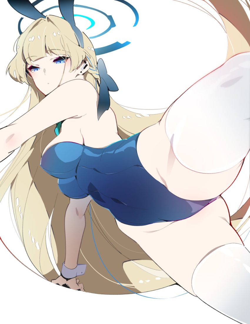 1girl animal_ears bare_shoulders blonde_hair blue_archive blue_eyes blue_leotard blush bow bowtie braid breasts detached_collar earpiece fake_animal_ears french_braid halo highleg highleg_leotard highres large_breasts leotard long_hair looking_at_viewer playboy_bunny rabbit_ears solo thighhighs thighs toki_(blue_archive) toki_(bunny)_(blue_archive) tomoyuki_hino white_thighhighs wrist_cuffs