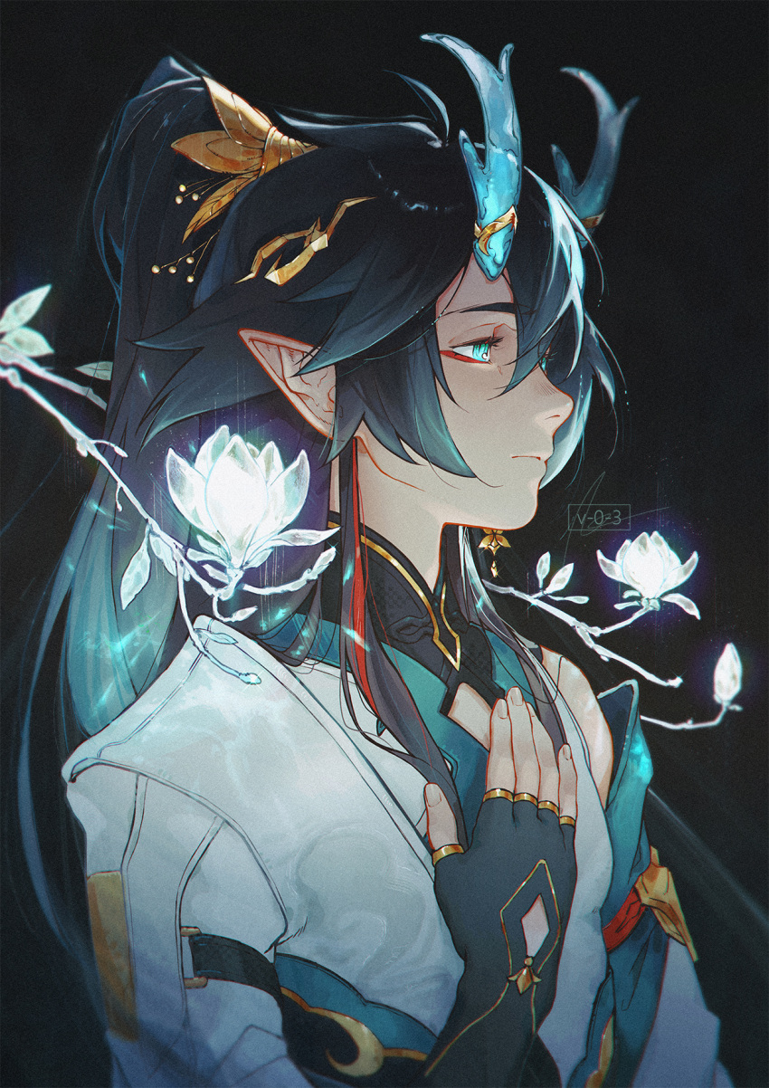 1boy aqua_eyes bishounen black_background black_hair chinese_clothes closed_mouth dan_heng_(honkai:_star_rail) dan_heng_(imbibitor_lunae)_(honkai:_star_rail) dark_background dragon_boy dragon_horns expressionless fingerless_gloves flower from_side gloves glowing glowing_eyes gradient_hair green_hair hair_between_eyes hair_ornament hand_on_own_chest high_ponytail highres honkai:_star_rail honkai_(series) horns long_hair long_sleeves male_focus multicolored_hair official_alternate_hair_length official_alternate_hairstyle pectoral_cleavage pectorals pointy_ears ponytail profile red_eyeliner red_hair signature solo spoilers streaked_hair upper_body vizerothree white_flower