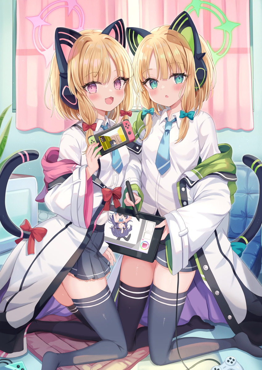 2girls animal_ear_headphones animal_ears aris_(blue_archive) blonde_hair blue_archive blush cat_ear_headphones cat_tail chestnut_mouth fake_animal_ears fake_tail fang halo handheld_game_console headphones highres holding holding_handheld_game_console jacket kneeling midori_(blue_archive) momoi_(blue_archive) multiple_girls necktie nintendo_switch off_shoulder open_clothes open_jacket retsuto school_uniform shirt siblings stylus tablet_pc tail thighhighs thighs twins white_shirt yuuka_(blue_archive) zettai_ryouiki