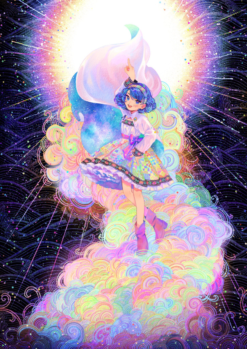 1girl :d adapted_costume arm_up blue_eyes blue_hair boots bow cloak commentary frilled_skirt frills full_body highres iridescent k0nfette looking_at_viewer medium_hair multicolored_clothes multicolored_hairband multicolored_skirt open_mouth pink_bow pink_footwear pointing pointing_down pointing_up shirt skirt sky_print smile solo tenkyuu_chimata touhou two-sided_cloak two-sided_fabric white_cloak white_shirt