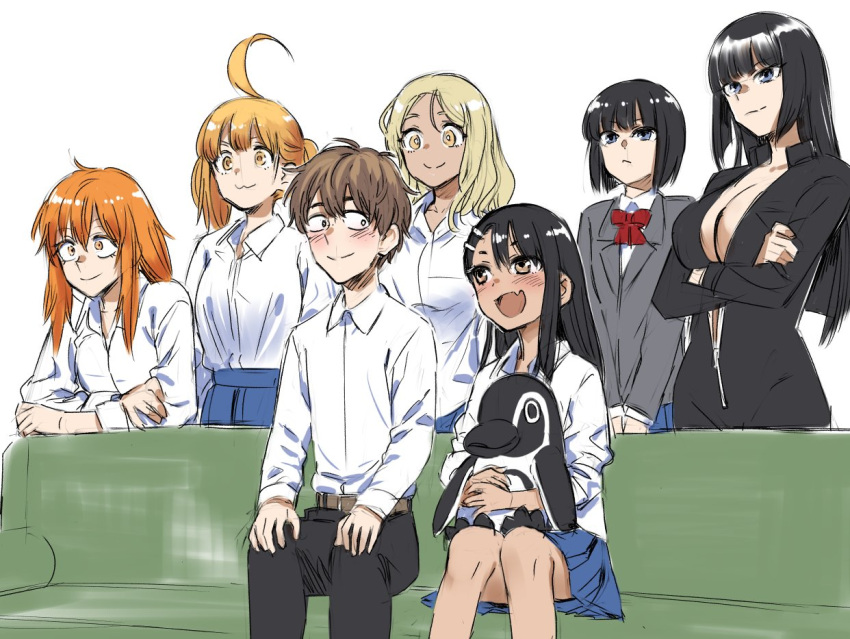 1boy 6+girls 774_(nanashi) ahoge asymmetrical_bangs black_hair breasts brown_eyes commentary_request dark-skinned_female dark_skin earclip fang gamou_maki gyaru hachiouji_naoto huge_ahoge ijiranaide_nagatoro-san large_breasts long_hair meme multiple_girls nagatoro_hayase official_art piper_perri_surrounded_(meme) sakura_(nagatoro) short_hair skin_fang small_breasts sunomiya_hana sunomiya_sana tan yoshi_(nagatoro)