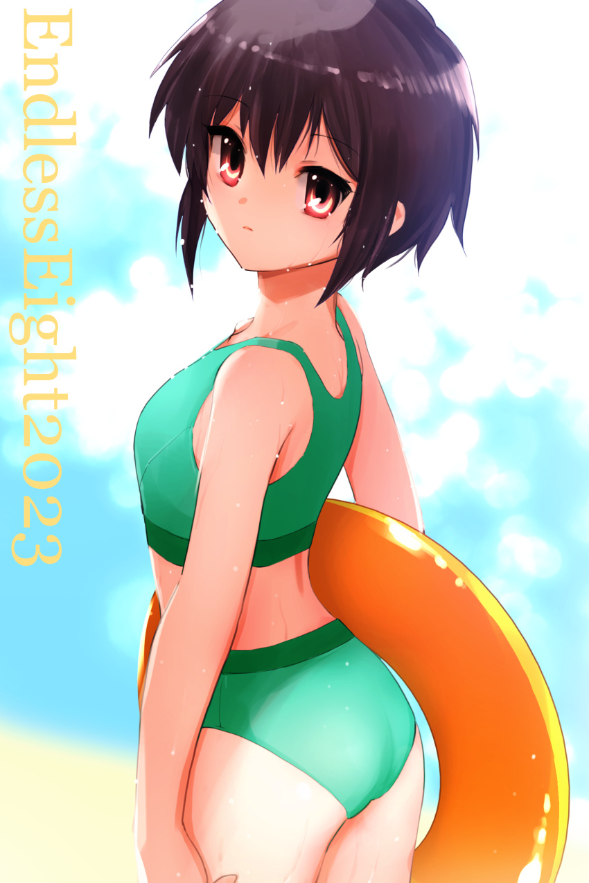 1girl 2023 ass bikini closed_mouth endless_eight expressionless from_behind green_bikini hair_between_eyes highres holding holding_innertube innertube looking_at_viewer looking_to_the_side nagato_yuki orange_innertube purple_eyes purple_hair short_hair solo standing suzumiya_haruhi_no_yuuutsu swimsuit tanaka_yutaka