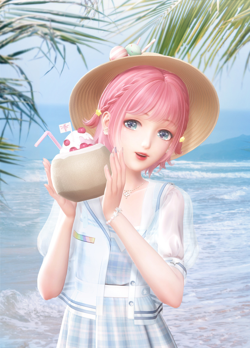 1girl 3d absurdres beach blue_dress bracelet brown_headwear chinese_commentary coconut commentary_request dress earrings food green_eyes highres holding holding_food ice_cream jewelry leaf lips lipstick looking_at_viewer makeup mountainous_horizon nail_polish necklace nikki_(miracle_nikki) ocean official_art parted_lips pink_hair shining_nikki short_hair smile solo teeth waves