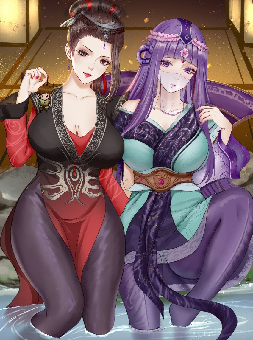 2girls absurdres arm_up bare_shoulders breasts brown_hair closed_mouth da_siming_(qinshi_mingyue) dress expressionless hair_bun hair_ornament highres lantern large_breasts leg_up long_hair multiple_girls off-shoulder_dress off_shoulder pantyhose purple_eyes qinshi_mingyue shao_siming_(qin_shi_ming_yue) single_hair_ring smile upper_body veil water yiwei_ooo_jiang