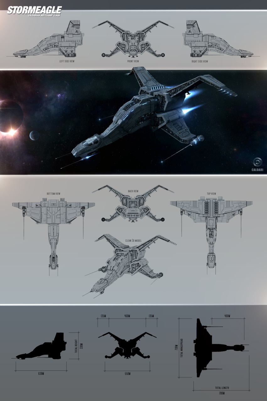 3d absurdres battleship_(eve_online) caldari_state_(eve_online) commentary concept_art eve_online flying from_above from_behind from_below from_side glowing grey_theme highres military military_vehicle multiple_views nebula no_humans original outdoors planet plumsbuggy radio_antenna reference_sheet science_fiction sky space spacecraft star_(sky) starry_sky thrusters vehicle_focus