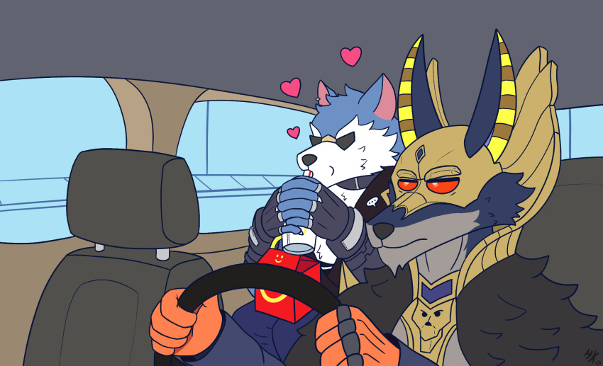 anthro canid canine canis car clothing collar dislyte drinking driving duo eyewear freddy_(dislyte) gloves handwear happy_meal hearts_around_head hi_res horangik looking_annoyed male male/male mammal mask mcdonald's sander_(dislyte) sunglasses vehicle wolf