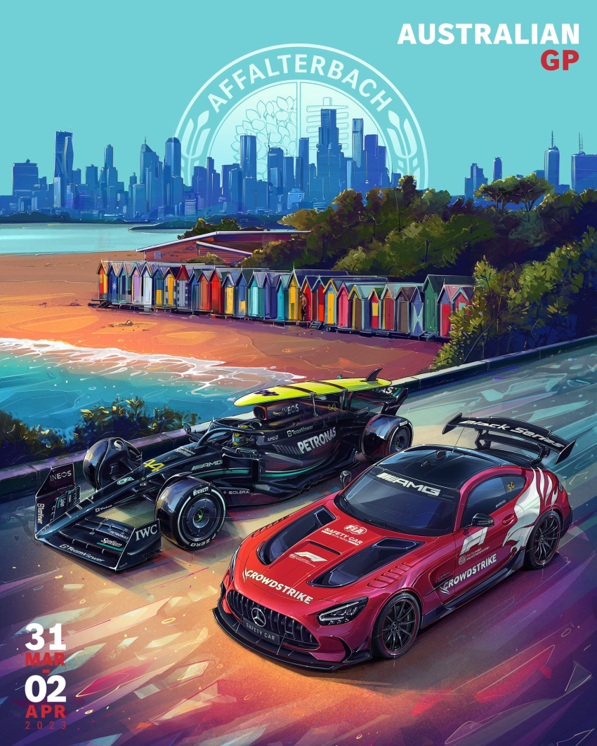 1boy 2023 andrew_mytro beach car city driving english_commentary forest formula_one highres lewis_hamilton melbourne mercedes-benz mercedes-benz_amg_gt motor_vehicle nature ocean official_art promotional_art race_vehicle racecar real_life spoiler_(automobile) sports_car tree vehicle_focus water