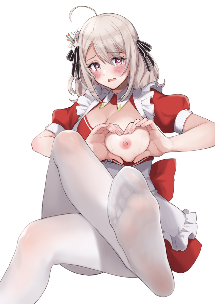 1girl absurdres ahoge apron black_ribbon blush commission dress embarrassed eyelashes feet flower foot_focus foot_out_of_frame foreshortening frilled_apron frills grey_hair hair_between_eyes hair_flower hair_ornament hair_ribbon heart heart-shaped_boob_challenge heart-shaped_pupils heart_hands highres knee_up legs lily_(flower) lily_(spy_kyoushitsu) long_hair long_sleeves maid_apron nipples no_shoes one_breast_out open_mouth pantyhose pink_eyes puffy_long_sleeves puffy_short_sleeves puffy_sleeves red_dress ribbon sahara1127 shadow short_dress short_sleeves sidelocks simple_background skeb_commission soles solo spy_kyoushitsu symbol-shaped_pupils toes white_apron white_background white_pantyhose white_ribbon