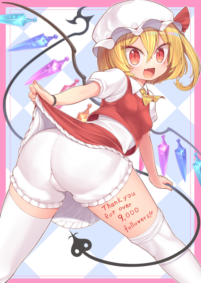 1girl :d absurdres ascot blonde_hair bloomers blue_background blush body_writing border bracelet breasts cameltoe checkered_background collared_shirt crystal english_text fang flandre_scarlet frilled_skirt frills harunoha hat highres jewelry laevatein_(touhou) lifted_by_self looking_at_viewer milestone_celebration mob_cap one_side_up pink_border puffy_short_sleeves puffy_sleeves red_eyes red_skirt red_vest shirt short_hair short_sleeves skirt slit_pupils small_breasts smile thighhighs touhou variant_set vest white_headwear white_shirt white_thighhighs wings yellow_ascot