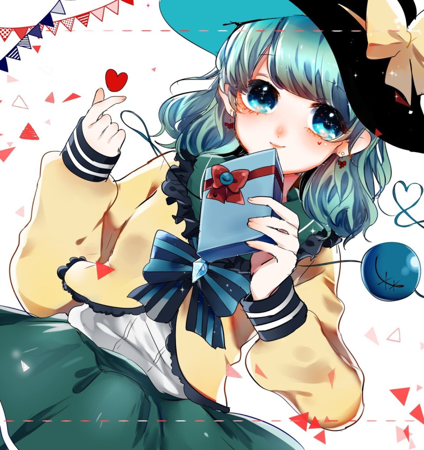 1girl aqua_hair aqua_headwear black_headwear blue_bow blue_bowtie blue_eyes blunt_bangs bow bowtie cardigan collar collared_cardigan diamond_brooch dutch_angle eyelashes fingernails frilled_cardigan frilled_collar frills garland_(decoration) gift green_collar green_skirt hat hat_bow heart heart_of_string heart_on_chest highres holding holding_gift komeiji_koishi light_blush long_sleeves looking_at_viewer medium_hair red_bow shirt skirt snapping_fingers solo striped striped_bow striped_bowtie sun_hat suzune_hapinesu third_eye touhou two-sided_fabric two-sided_headwear white_background white_shirt yellow_bow yellow_cardigan