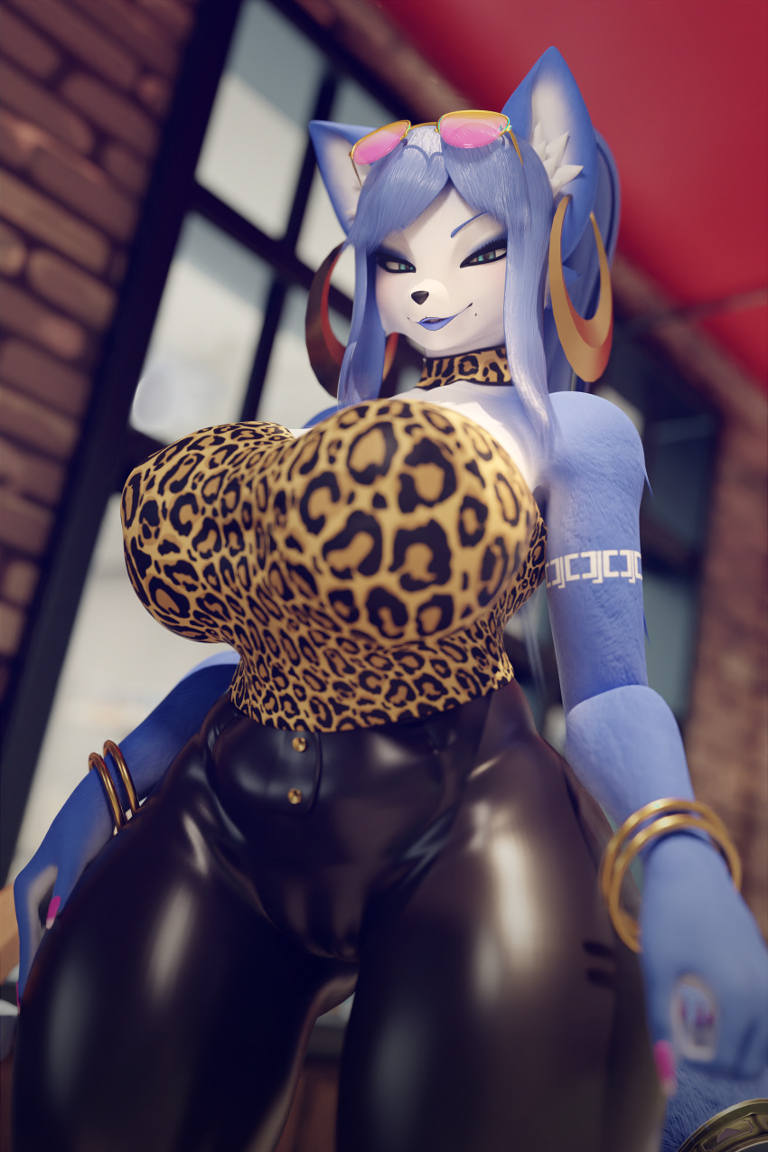 2023 2:3 3d_(artwork) accessory alternate_version_at_source animal_print anthro arm_markings big_breasts biped blue_body blue_eyes blue_fur blue_hair blue_lipstick blurred_background bottomwear bracelet breasts camel_toe canid canine choker clothed clothing curvy_figure digital_media_(artwork) dogzeela ear_piercing ear_ring eyeshadow eyewear eyewear_on_head female fox front_view fully_clothed fur fur_markings furgonomics glasses glasses_on_head glistening glistening_body gold_(metal) gold_jewelry hair hi_res hoop_ear_ring huge_breasts inner_ear_fluff inside jewelry krystal krystal_(dogzeela) leather leather_bottomwear leather_clothing leather_pants leopard_print lipstick looking_at_viewer looking_down looking_down_at_viewer low-angle_view makeup mammal markings mascara multicolored_body multicolored_fur necklace nintendo pants piercing portrait ring ring_piercing soft_focus solo star_fox strapless_clothing sunglasses sunglasses_on_head tail tail_accessory tail_jewelry tail_ring thick_thighs three-quarter_portrait tight_clothing tribal tribal_markings tuft two_tone_body two_tone_fur voluptuous white_body white_fur