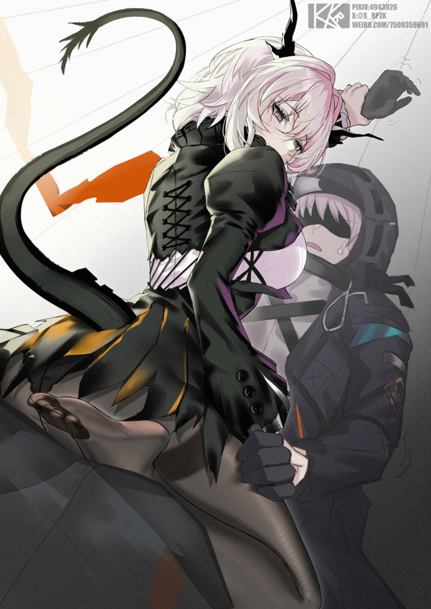 1boy 1girl arknights black_gloves black_jacket black_pantyhose blush breasts commentary_request curly_hair doctor_(arknights) dragon_girl dragon_horns dragon_tail from_behind girl_on_top gloves hair_between_eyes hand_on_another's_thigh hetero highres holding_another's_wrist horns jacket large_breasts long_sleeves looking_at_another looking_back medium_breasts medium_hair pantyhose pink_eyes pink_hair pinned solo_focus srpzk tail talulah_(arknights) thighs white_hair