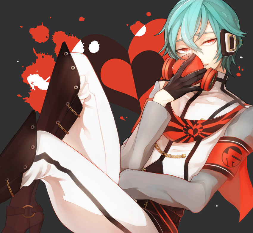 1boy black_gloves blood blood_splatter blue_eyes blue_hair boots chain crossed_legs gas_mask general_(module) gloves grey_background hair_between_eyes headphones heart high_heel_boots high_heels highres kaito_(vocaloid) knee_boots looking_at_viewer male_focus mask matcha_(higashiya0401) pants project_diva_(series) red_eyes scarf short_hair sitting smile solo unhappy_refrain_(vocaloid) uniform vocaloid