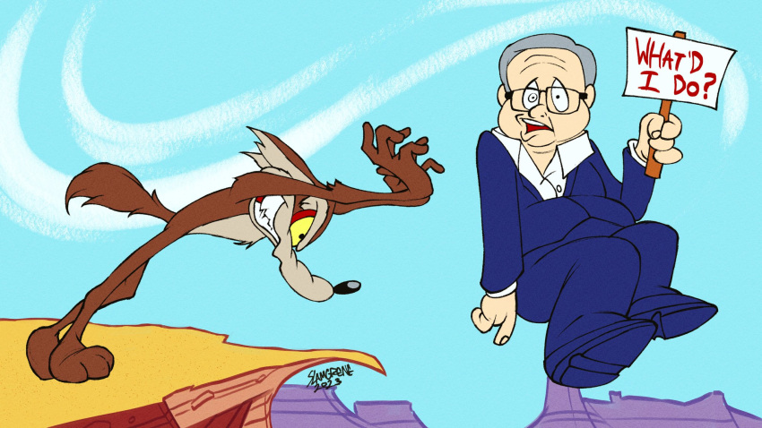 2023 blue_sky canid canine canis coyote dated david_zaslav duo eyewear formal_clothing glasses hi_res human looney_tunes male mammal old_man open_mouth signature sky slamgrene teeth warner_brothers wile_e._coyote