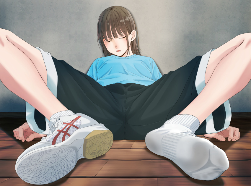 1girl absurdres ao_no_hako_(wsj) black_footwear black_shorts blue_shirt brown_hair closed_eyes facing_viewer highres indoors kano_chinatsu long_hair namego3go shirt shoes shorts single_shoe sleeping sneakers socks solo spread_legs white_socks wooden_floor