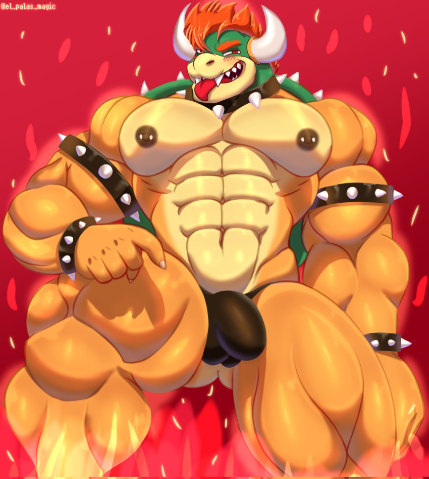 2023 abs abstract_background anthro armband barazoku biceps big_muscles big_pecs blush bowser bracelet bulge claws clothed clothing collar deltoids el_palas_magic eyebrows fire hair hi_res horn huge_muscles huge_thighs jewelry koopa looking_at_viewer male mario_bros muscular muscular_anthro muscular_male narrowed_eyes navel nintendo nipple_piercing nipples non-mammal_nipples obliques open_mouth open_smile pecs piercing quads red_background scalie shell simple_background smile solo spiked_armband spiked_bracelet spiked_collar spiked_shell spikes spikes_(anatomy) standing teeth text thick_thighs thong thong_only tongue tongue_out topless topless_anthro topless_male underwear underwear_only url