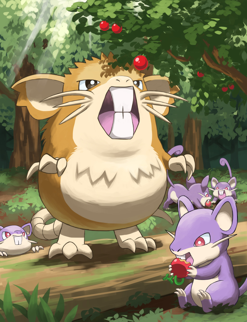 absurdres berry berry_(pokemon) bright_pupils brown_eyes commentary_request day eating evolutionary_line fangs highres holding jira_(ziraiya26) no_humans open_mouth outdoors pokemon pokemon_(creature) raticate rattata red_eyes sitting standing tongue tree white_pupils