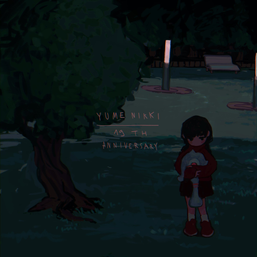 1girl anniversary bench black_eyes black_hair black_skirt blush_stickers braid commentary copyright_name creature dark expressionless forest grass hasu_art highres holding holding_creature jitome lamppost long_hair long_sleeves looking_down madotsuki nature no_mouth outdoors park park_bench red_sweater shoes skirt socks solo standing sweater tree turtleneck turtleneck_sweater twin_braids unusually_open_eyes white_socks wide_shot yume_nikki