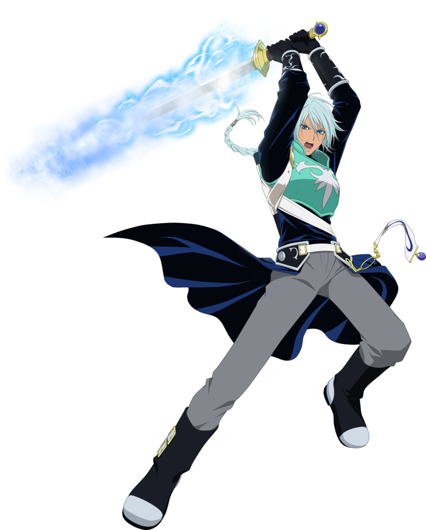 1boy aqua_hair armor black_gloves blue_eyes boots braid english_commentary full_body gloves grey_pants hair_between_eyes highres holding holding_sword holding_weapon long_hair male_focus official_art open_mouth pants solo sword tales_of_(series) tales_of_asteria tales_of_rebirth teeth transparent_background veigue_lungberg weapon