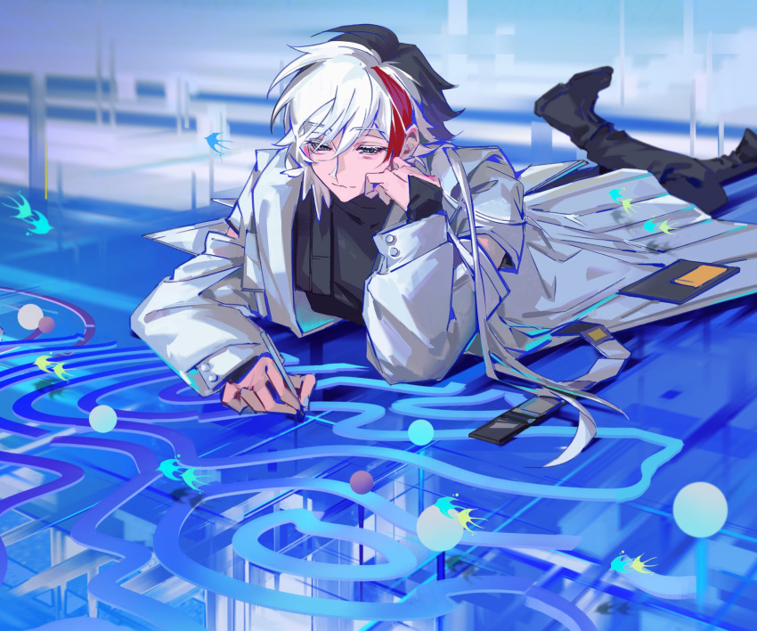 1boy abstract_background arknights arm_support black_footwear black_hair black_pants blue_background coat colored_eyelashes drawing elysium_(arknights) feather_hair grey_eyes half-closed_eyes highres holding holding_pen lab_coat long_hair long_sleeves lying male_focus multicolored_hair on_stomach pants pen red_hair solo streaked_hair the_pose white_coat white_hair zzzoeeeeeee