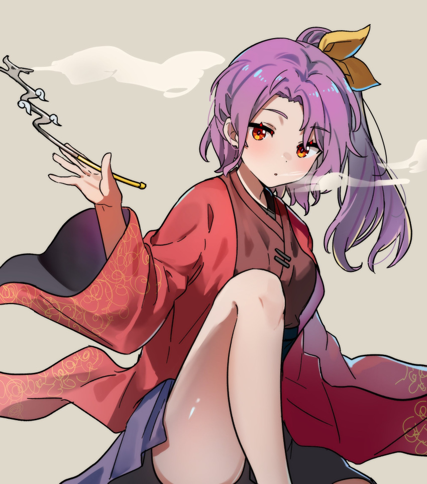 1girl floral_print highres holding holding_smoking_pipe japanese_clothes kimono komakusa_sannyo looking_at_viewer maisuiren ponytail purple_hair purple_skirt red_kimono skirt smoking_pipe solo touhou wide_sleeves