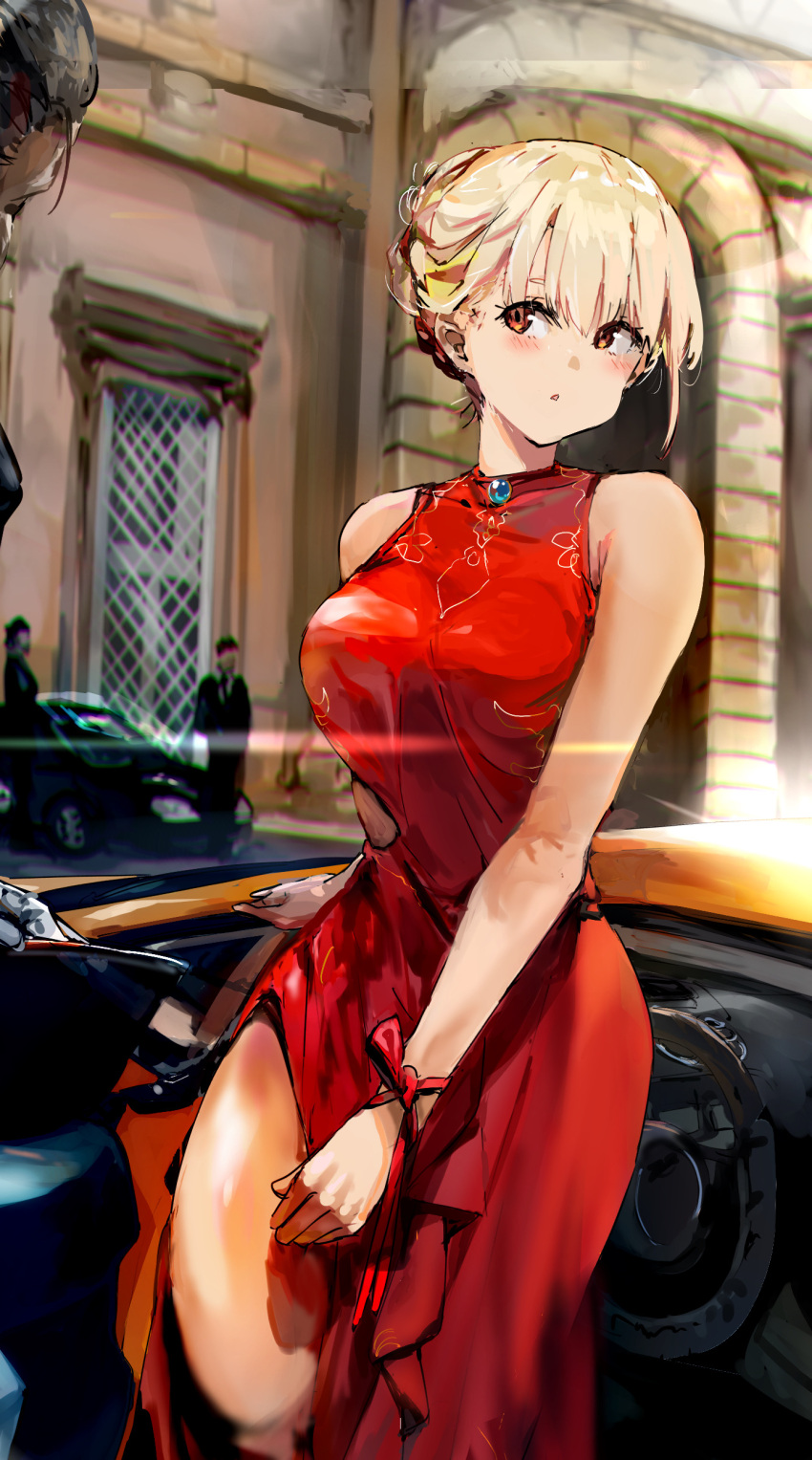 1girl 3boys :o absurdres bare_shoulders blonde_hair breasts building car china_dress chinese_clothes commentary dress english_commentary funi_mu9 head_tilt highres large_breasts looking_at_another lycoris_recoil mission:_impossible motor_vehicle multiple_boys nishikigi_chisato out_of_frame parted_bangs parted_lips red_dress red_eyes red_ribbon ribbon short_hair side_slit sidelocks sleeveless sleeveless_dress solo_focus thighs window wrist_ribbon