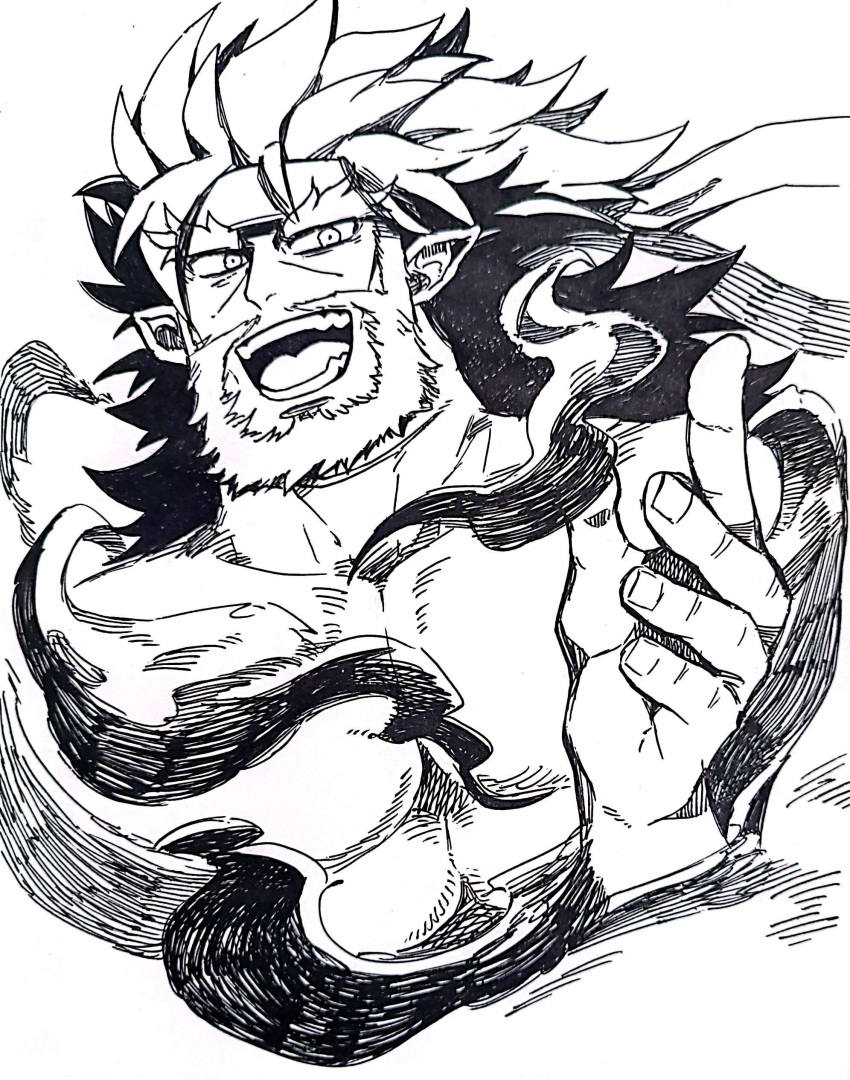 1boy :d absurdres bara beard check_copyright copyright_request cropped_torso facial_hair hand_up highres hiwen-d looking_at_viewer male_focus mature_male medium_hair muscular muscular_male nude original pectorals smile solo thick_eyebrows