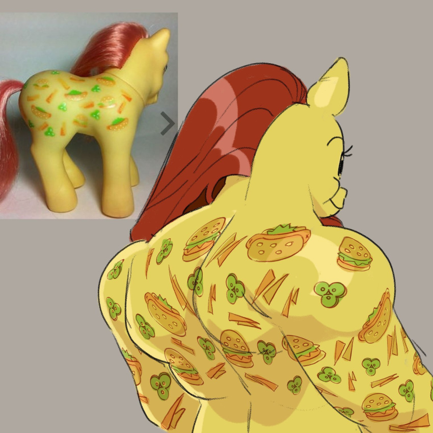 anthro back_tattoo burger earth_pony equid equine eyelashes female food hair hasbro hi_res horse hot_dog kyssimmee mammal mlp_g1 munchy_(mlp) muscular muscular_anthro muscular_female my_little_pony pony real rear_view red_hair reference_image smile snout solo tattoo toy yellow_body