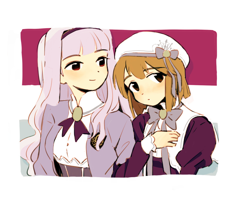 2girls beret blunt_bangs blunt_ends border bow bowtie brown_eyes brown_hair close-up closed_mouth cross_tie dated_commentary emblem expressionless grey_bow grey_bowtie grey_ribbon hagiwara_yukiho hairband hand_up hat hat_bow head_tilt high_collar highres idolmaster idolmaster_(classic) iwashi_iwashimo juliet_sleeves light_purple_hair locked_arms long_hair long_sleeves looking_at_another looking_at_viewer looking_to_the_side multiple_girls puffy_sleeves red_eyes rounded_corners shijou_takane short_hair side-by-side smile upper_body wavy_hair white_border white_headwear