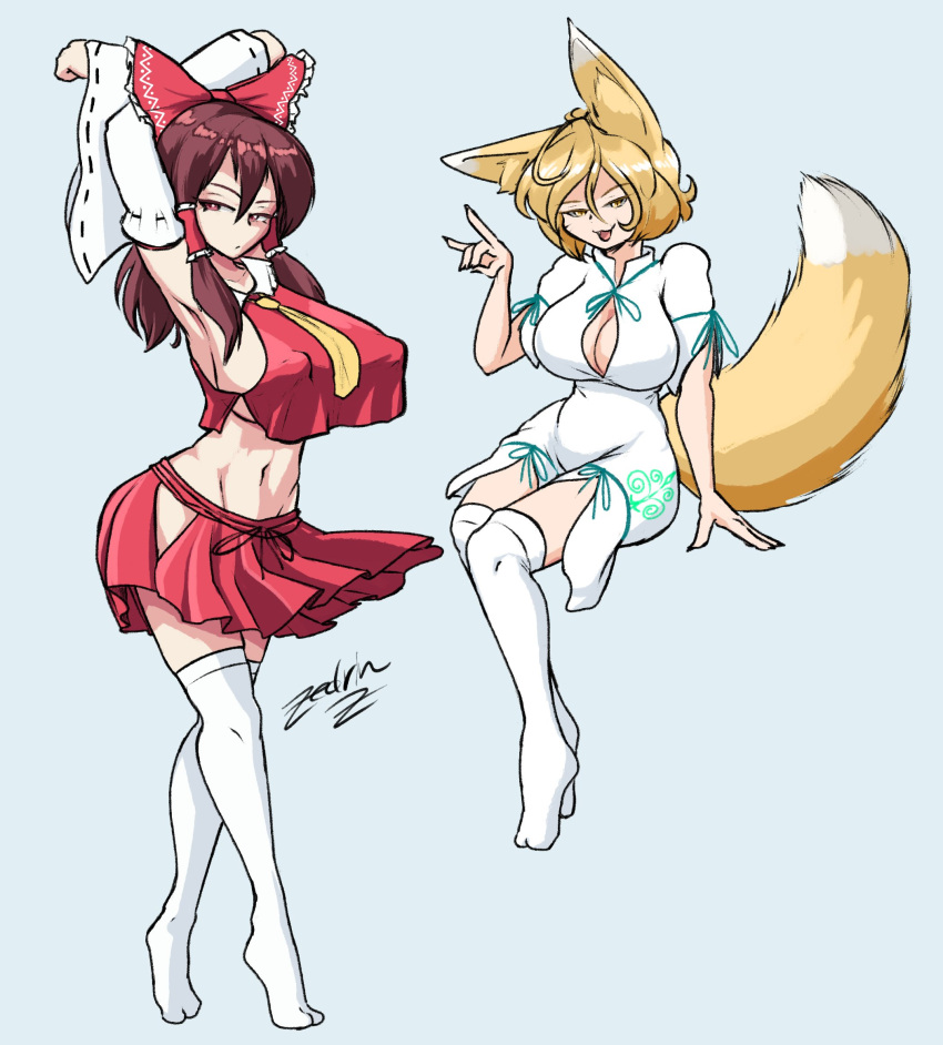 animal_humanoid big_breasts blonde_hair breasts brown_eyes brown_hair canid canid_humanoid canine canine_humanoid cleavage_cutout clothing duo fangs female fox_humanoid hair hi_res human humanoid looking_at_viewer mammal mammal_humanoid narrowed_eyes navel nipple_outline open_mouth raised_arms reimu_hakurei signature simple_background sitting smile standing tail teeth text touhou tsukasa_kudamaki wide_hips yellow_eyes zedrin