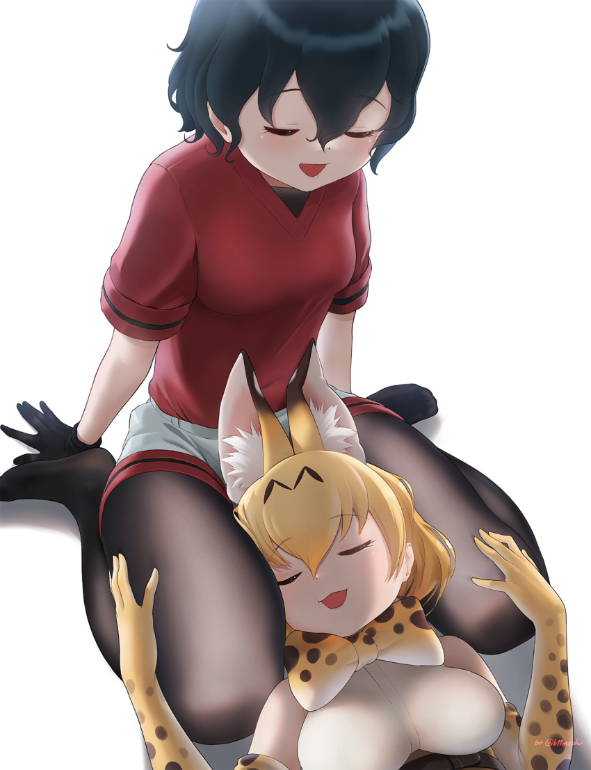 2girls :3 animal_ears bare_shoulders beleven black_gloves black_hair black_pantyhose blonde_hair blush bow bowtie cat_ears cat_girl closed_eyes elbow_gloves extra_ears gloves grey_shorts hair_between_eyes highres kaban_(kemono_friends) kemono_friends lap_pillow multiple_girls no_headwear no_shoes open_mouth pantyhose print_bow print_bowtie print_gloves red_shirt serval_(kemono_friends) serval_print shirt short_hair short_sleeves shorts sidelocks sleeping t-shirt white_shirt