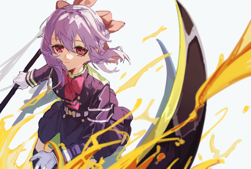 1girl absurdres bow closed_mouth gloves hair_bow highres hiiragi_shinoa holding holding_scythe jacket kurattes looking_at_viewer owari_no_seraph pink_eyes purple_hair purple_jacket purple_skirt red_bow scythe sidelocks simple_background skirt smile solo white_background white_gloves