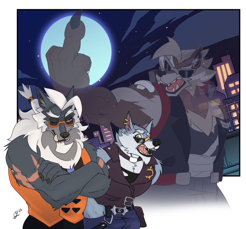 absurd_res anthro canid canine canis duo eyewear eyewear_on_head freddy_(dislyte) gerardson gesture hair hi_res leather male mammal middle_finger muscular old ponytail scar sunglasses sunglasses_on_head were werecanid werecanine werewolf wolf wolfgang_(smash_legends)