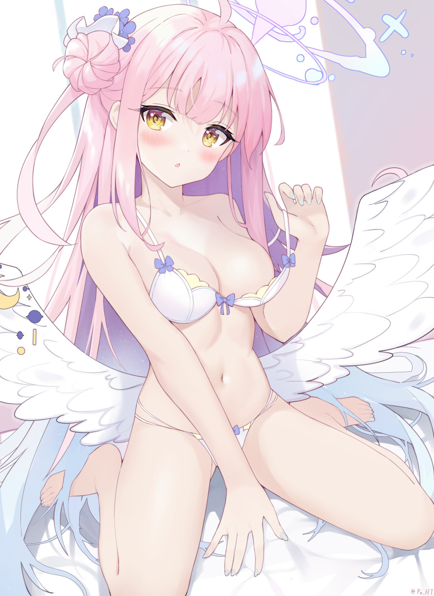 1girl :o absurdres ahoge angel_wings aqua_nails artist_name bare_arms bare_legs bare_shoulders barefoot bikini blue_archive blue_bow blue_flower blue_hair blue_nails blush bow bow_bikini bow_bra bra bra_pull breasts cleavage clothes_pull collarbone colored_inner_hair commentary crescent feathered_wings feet fingernails flower frilled_ribbon frills full_body gradient_hair hair_bun hair_flower hair_ornament hair_ribbon hair_scrunchie halo head_tilt heart heart_in_eye highres holding_strap indoors large_breasts light_blue_hair long_hair looking_at_viewer low_wings mika_(blue_archive) multi-strapped_bikini_bottom multicolored_hair nail_polish navel on_bed open_mouth pink_hair pink_halo pu_ht pulled_by_self ribbon scrunchie single_side_bun sitting solo stomach swimsuit symbol_in_eye thighs toenail_polish toenails toes two-tone_hair underwear very_long_hair wariza white_bikini white_bra white_ribbon white_wings wing_decorations wings yellow_eyes
