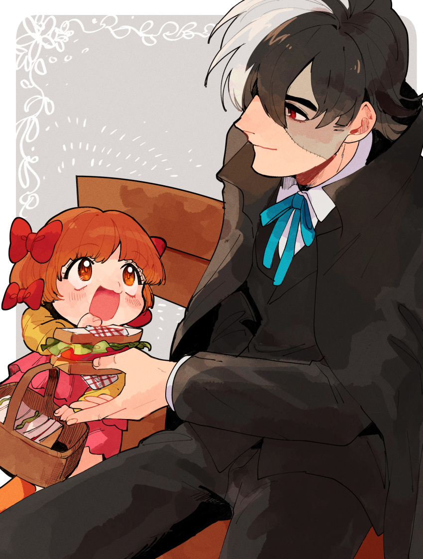 1boy 1girl :3 basket beachricefield bench black_coat black_hair black_jack_(character) black_jack_(series) blue_ribbon bow brown_eyes brown_hair child closed_mouth coat collared_shirt food hair_between_eyes hair_bow highres holding holding_food long_sleeves looking_at_another multicolored_hair multiple_hair_bows neck_ribbon open_mouth patchwork_skin picnic_basket pinoko red_eyes ribbon sandwich scar scar_on_face shirt short_hair sideburns simple_background sitting smile split-color_hair thick_eyebrows two-tone_hair white_hair white_shirt