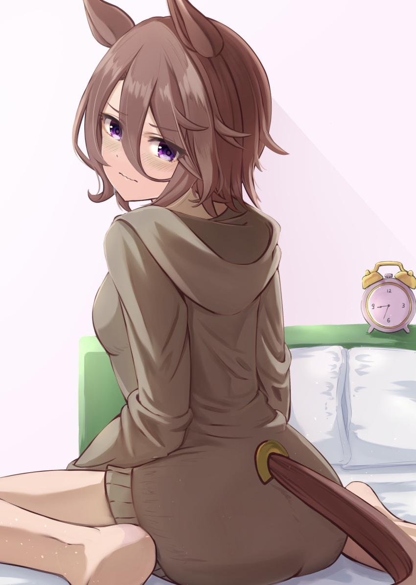 1girl alarm_clock animal_ears ass barefoot blue_eyes blush brown_dress brown_hair clock closed_mouth cropped_legs dress hair_between_eyes highres hood hood_down hooded_dress horse_ears horse_girl horse_tail indoors long_bangs long_sleeves looking_at_viewer looking_back narita_taishin_(umamusume) on_bed pillow ryouta_(ryouta335) short_hair sitting solo tail tail_through_clothes umamusume v-shaped_eyebrows wariza wavy_mouth