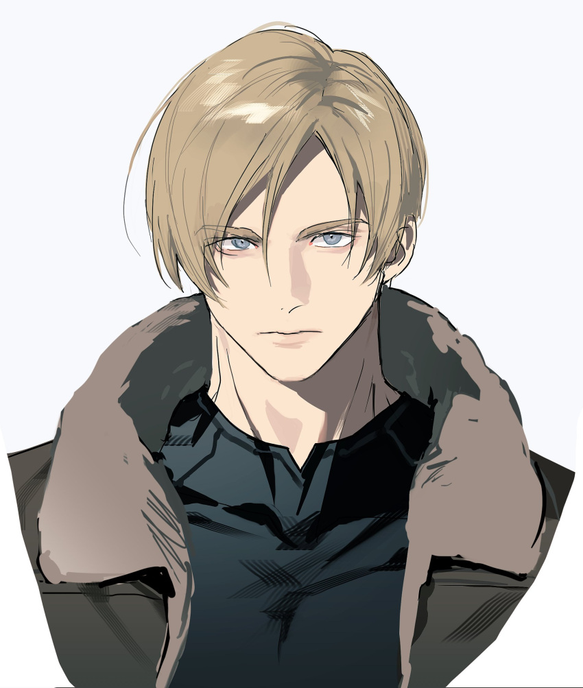 1boy black_shirt closed_mouth grey_background grey_eyes hair_between_eyes highres jacket leon_s._kennedy light_brown_hair looking_at_viewer male_focus noren_(noren1512) open_clothes open_jacket profile resident_evil resident_evil_4 shirt simple_background solo