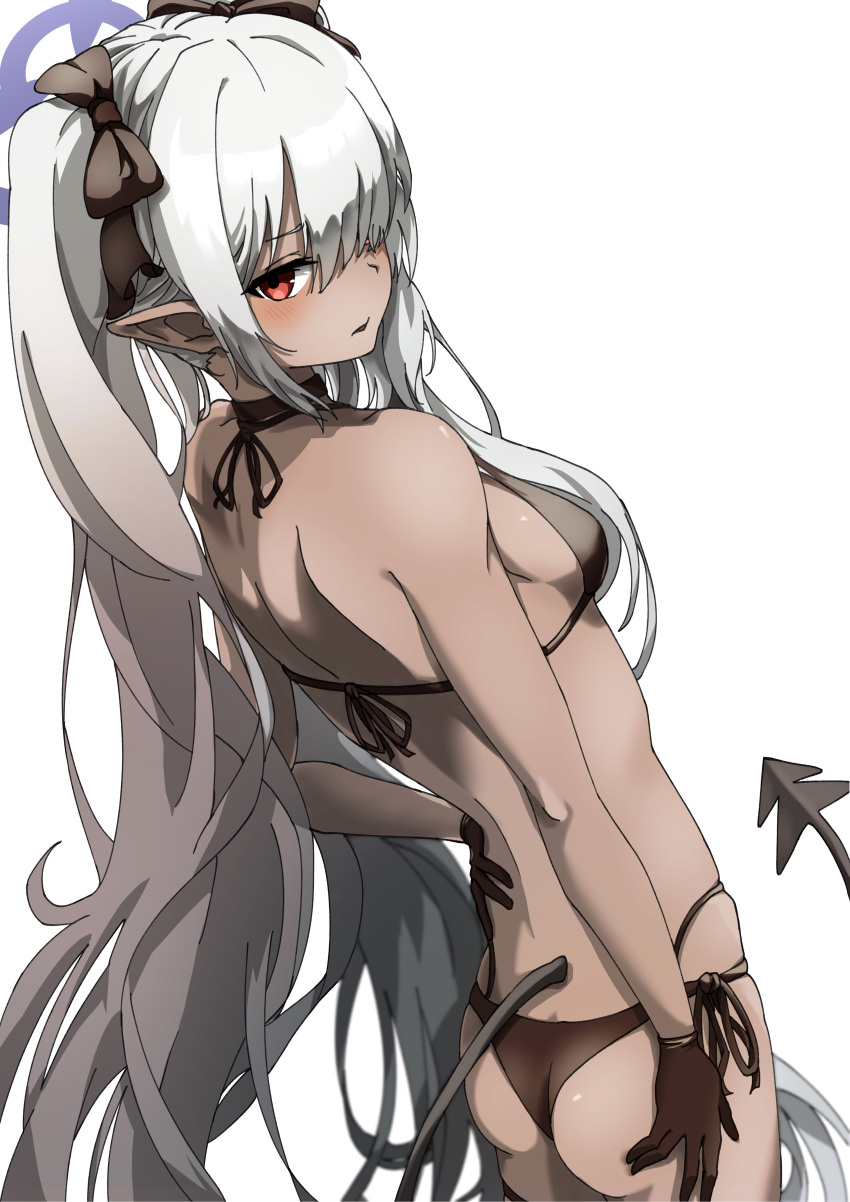 1girl absurdres bikini black_bikini black_bow black_gloves blue_archive blush bow breasts commentary dark-skinned_female dark_skin demon_tail from_behind gloves hair_bow hair_over_one_eye halo halterneck hand_on_own_hip highres iori_(blue_archive) iori_(swimsuit)_(blue_archive) long_hair looking_at_viewer looking_back parted_lips pointy_ears purple_halo red_eyes side-tie_bikini_bottom simple_background small_breasts solo swimsuit tail twintails very_long_hair white_background white_hair zakuro_3309