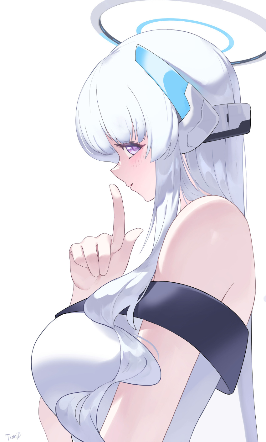 1girl absurdres blue_archive blush breasts commentary grey_hair halo headgear highres large_breasts long_hair looking_at_viewer noa_(blue_archive) profile purple_eyes sidelocks simple_background solo tomid upper_body very_long_hair white_background