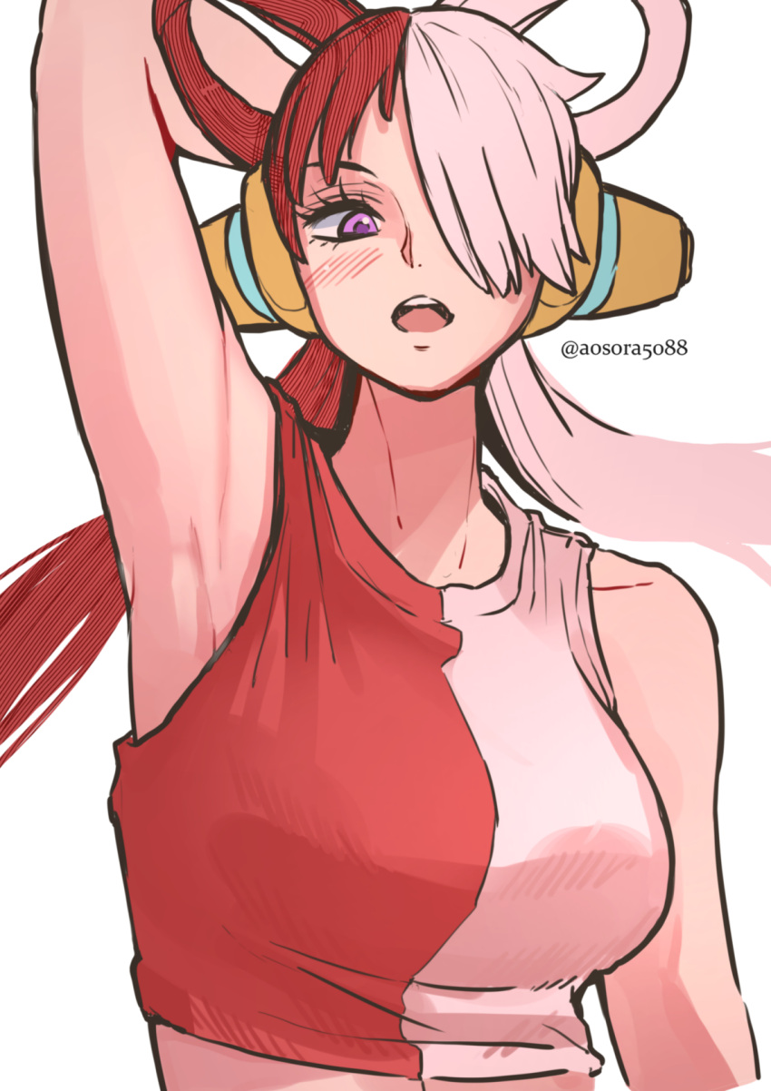 1girl aosora2823 arm_up armpits asymmetrical_bangs blush breasts commentary grey_hair hair_over_one_eye hair_rings highres large_breasts long_hair looking_at_viewer multicolored_hair one_eye_covered one_piece pink_eyes presenting_armpit red_hair simple_background solo split-color_hair twintails twitter_username two-tone_tank_top upper_body uta_(one_piece) very_long_hair white_background