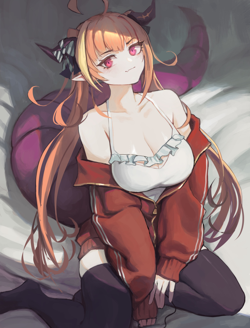 1girl absurdres ahoge bare_shoulders black_thighhighs blonde_hair bow breasts camisole cleavage cleavage_cutout closed_mouth clothing_cutout collarbone diagonal-striped_bow dragon_girl dragon_horns dragon_tail fang frilled_camisole frills hair_ribbon highres hololive horn_bow horn_ornament horns jacket kiryu_coco large_breasts light_smile long_hair long_sleeves looking_at_viewer multicolored_hair no_shoes off_shoulder official_alternate_costume open_clothes open_jacket orange_hair partially_unzipped pink_eyes pointy_ears red_jacket ribbon sidelocks sitting skin_fang solo spaghetti_strap streaked_hair striped striped_bow tail thighhighs track_jacket twintails vertigris virtual_youtuber white_camisole yokozuwari zipper zipper_pull_tab