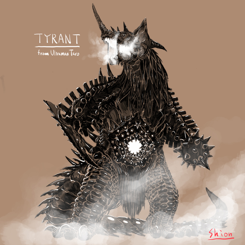 artist_name breath brown_background claws english_text fangs full_body highres horns kaijuu looking_to_the_side mace monochrome monster no_humans open_mouth pelvic_curtain scales sharp_teeth shion_humine simple_background solo spiked_mace spikes spines standing tail teeth tusks tyrant_(ultraman_tarou) ultraman_tarou_(series) weapon
