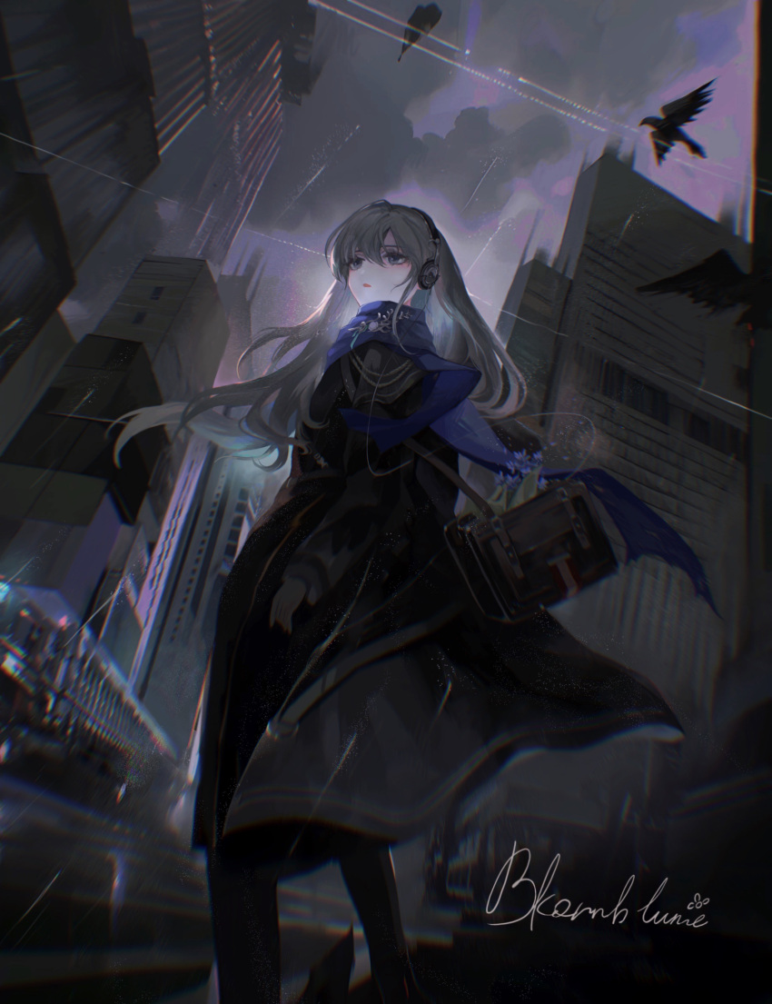 1girl absurdres bag bird bkornblume black_bird black_coat black_gloves blue_eyes blue_scarf building character_name chinese_commentary chromatic_aberration city cloud cloudy_sky coat commentary_request gloves grey_hair headphones highres long_hair long_sleeves miracle07761 outdoors parted_lips rain reverse:1999 scarf shoulder_bag sky solo